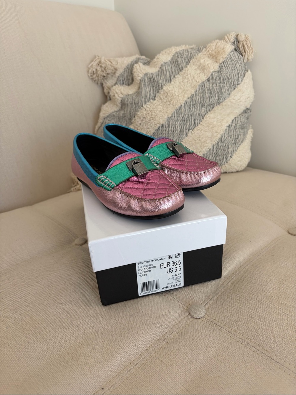 Kurt Geiger Metallic Pink and Teal Loafers with Green Strap